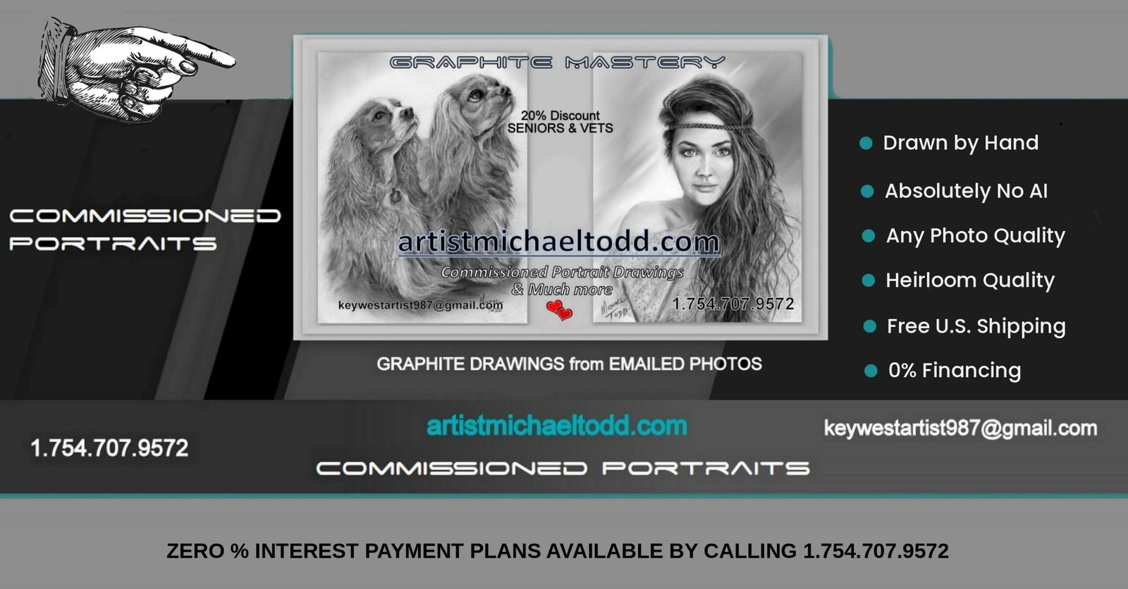 Commissioned graphite portraits by Michael Todd: drawn by hand, no AI, any photo quality, heirloom quality, free U.S. shipping, 0% financing